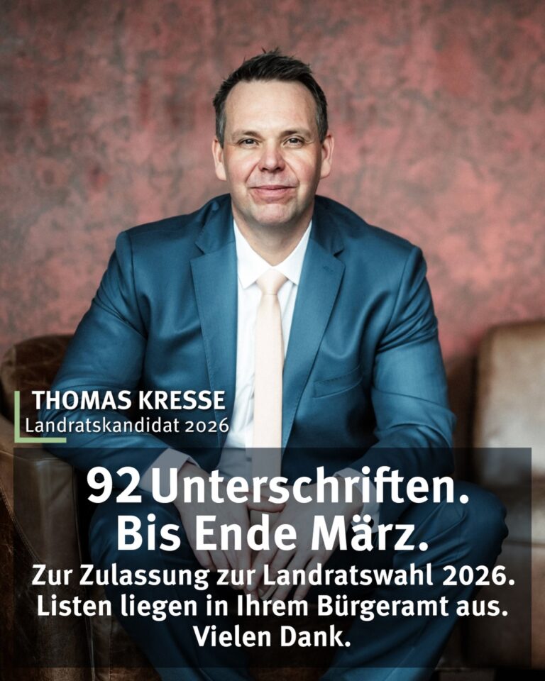 92 Unterschriften.
Bis Ende März.

Für die Zulassung zur Landratswahl 2026.

Die Listen liegen im Bürgeramt Ihres Wohnortes aus.
Wahlberechtigte können sich dort eintragen.

Danke für jede Unterstützung.
